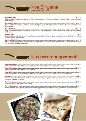 La carte de votre restaurant indien à Nantes